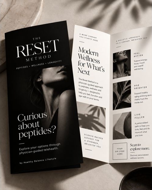 The Reset Method brochure in black and warm ivory, introducing modern wellness and peptides
